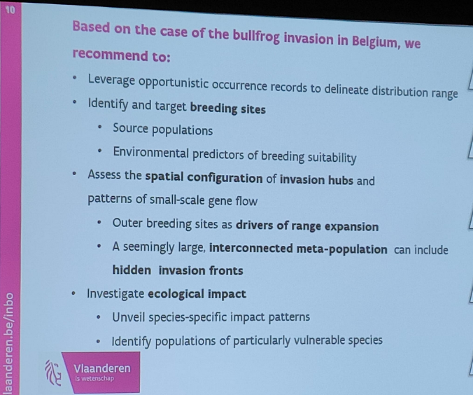 Teun Everts @INBOVlaanderen presents at #ICAIS2024 Halifax the Belgium approach and requirements for the management of the #InvasiveAlienSpecies American bullfrog, #LithobatesCatesbeianus 🐸: identification of breeding sites, range of expansion & invasion hubs, ecological impact.