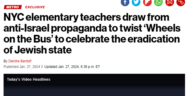 In January, NYC elementary teachers credited Woke Kindergarten for 'your resources and voice on this matter.' The matter being anti-Israel content including a revision of 'Wheels on the bus.'
