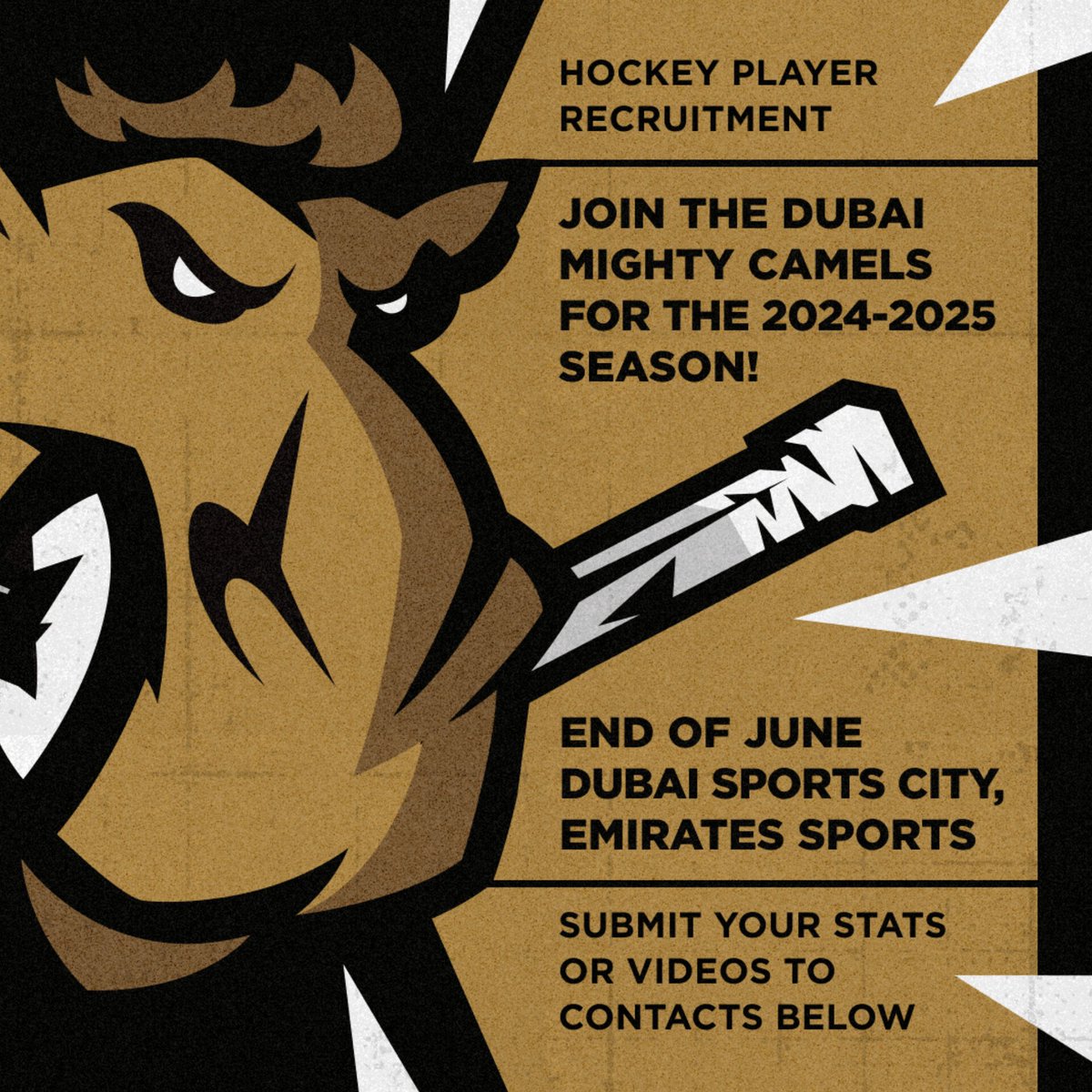 🏒 Join the Dubai Mighty Camels Team! 🐪

Hockey Player Recruitment

"Skate hard, play tough, and join the Dubai Mighty Camels!"

We're looking for talented and ambitious players to join our team!

📅 Draft Date: End of June
📍 Location: Dubai Sports… t2p.pw/63qnUMo1hI