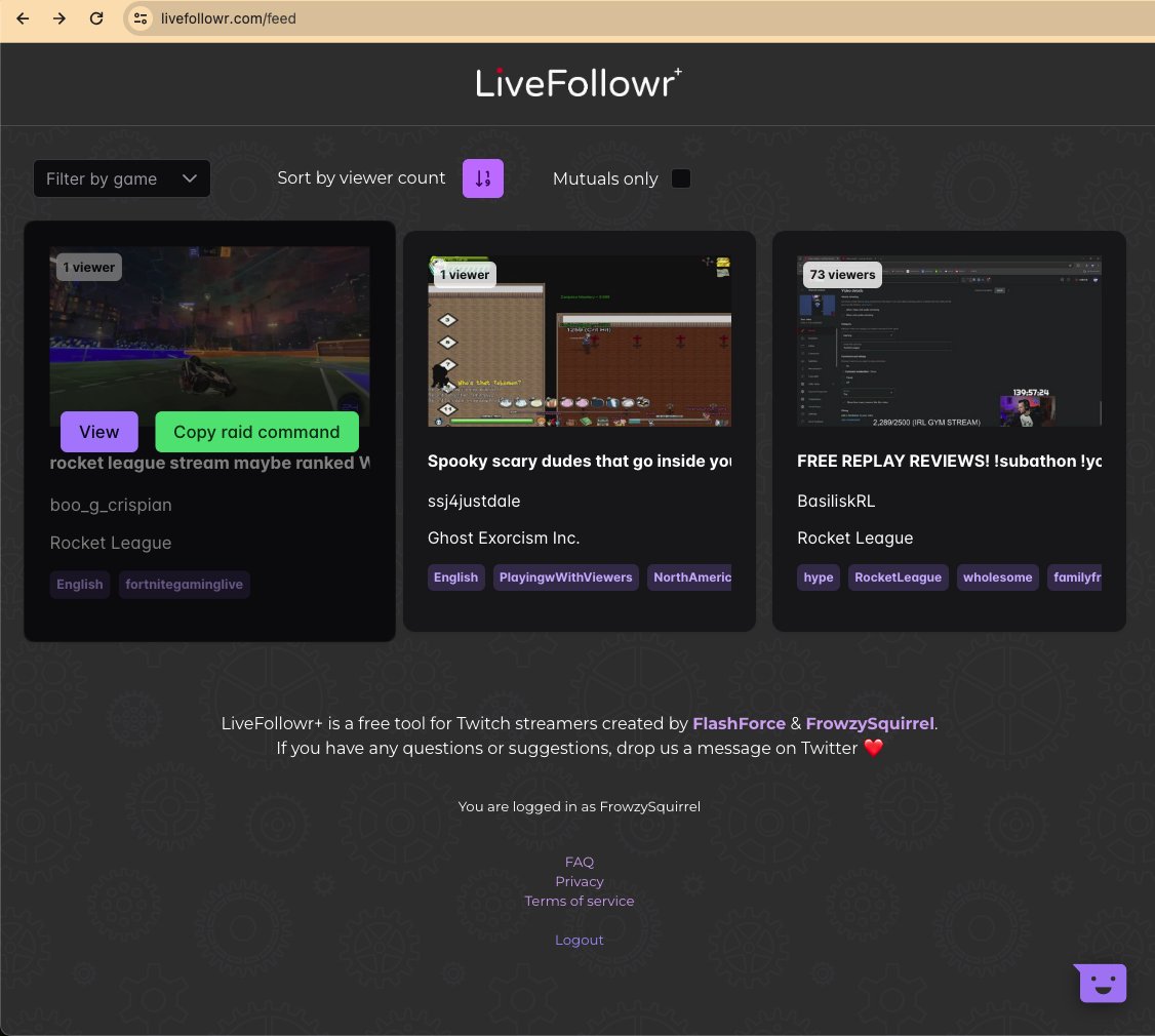 LiveFollowr+ needed a bit more love so last night I added: - filter by game - filter by mutuals only - sort by viewer count - click to copy raid command enjoy! 🧡