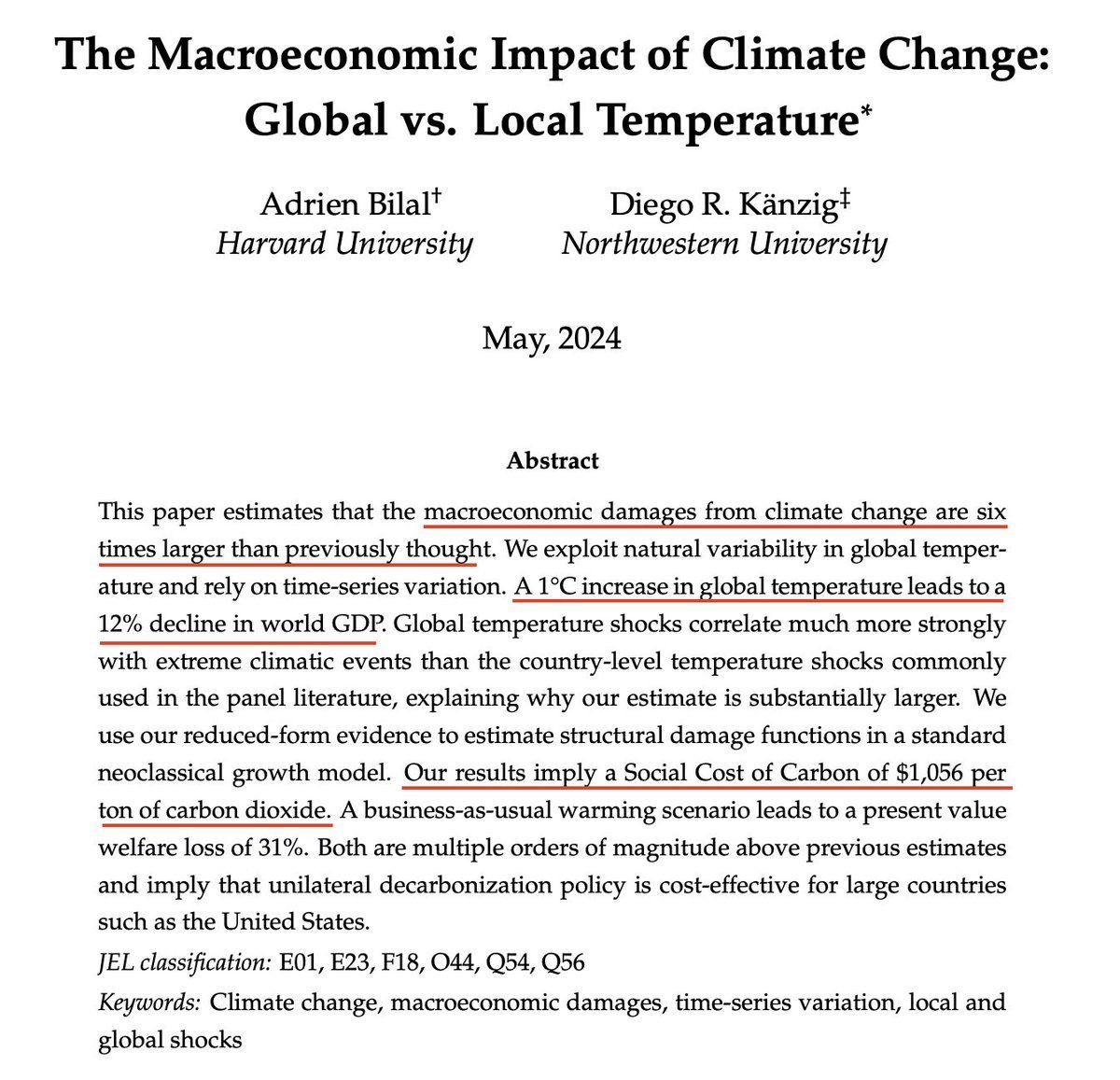 New study: each '1°C increase in global temperature leads to a 12% decline in world GDP.' Society loses more than $1,000 for every ton of CO2 emitted. Climate inaction is bankrupting us. No time to wait. #ActOnClimate