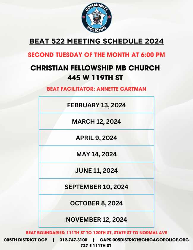 Join us for 522 Beat Meeting, TONIGHT, May 14th, 6:00 pm at Christian Fellowship MB Church, 445 W 119th St