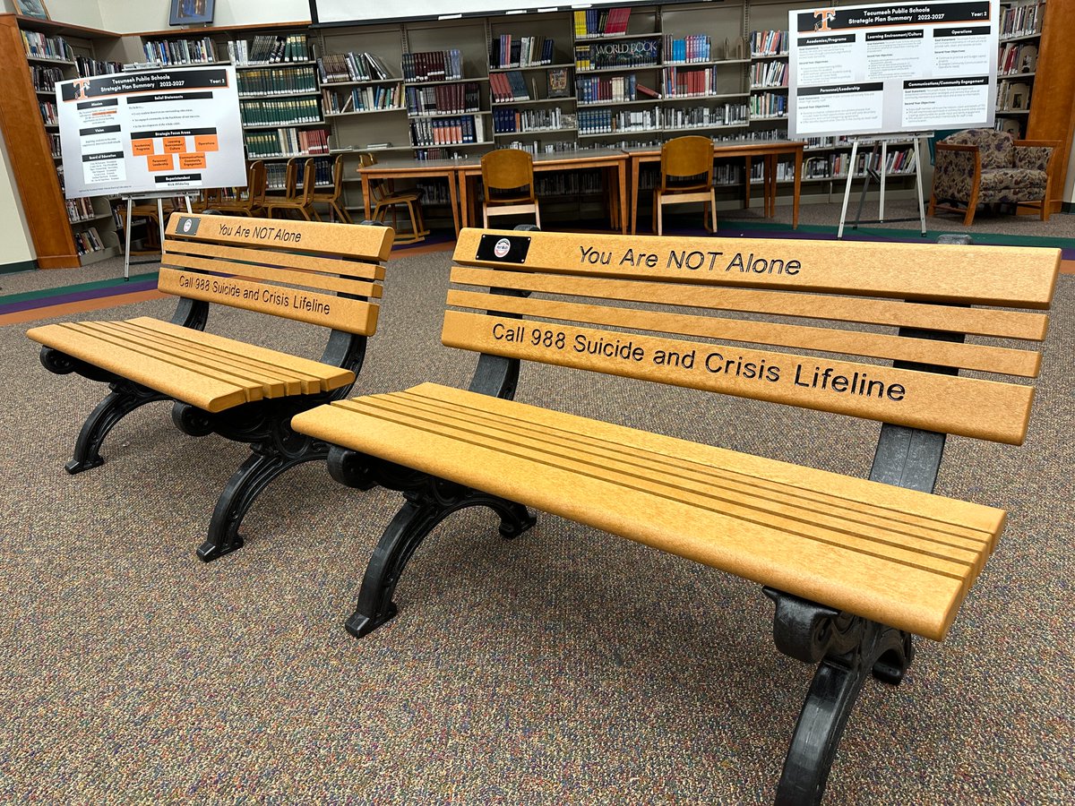 Tecumseh Public Schools gratefully received custom benches from the Hot Rods Motorcycle Awareness &amp; Suicide Prevention Foundation during the May 13th Board of Education meeting.

Each bench features the lifeline number (988) and the message "You Are NOT Alone."

These benches are