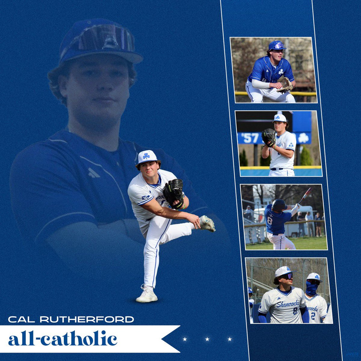 Congrats to Sr. RHP/1B @EMU_Baseball commit @cal_rutherford8 for earning All-Catholic. In league play Rutherford was dominant on the mound with a 4-1 record over 6 games / 32 innings. Cal had 43 Ks with a 1.09 era. At the plate, Cal batted .326 with 4 2Bs and 12 RBI. Well done!