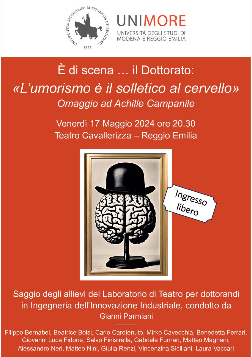 Venerdì 17 maggio, alle 20.30 al teatro Cavallerizza di Reggio Emilia, si svolgerà il saggio finale del Laboratorio di Teatro per Dottorandi della Scuola di Dottorato in Ingegneria dell'Innovazione Industriale, realizzato per migliorare le capacità comunicative dei dottorandi