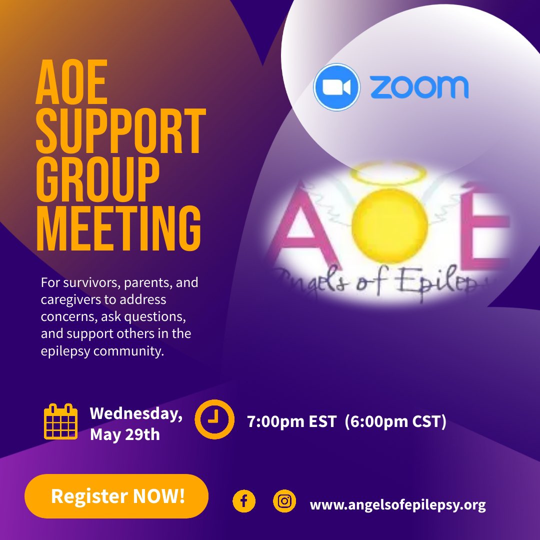 AOE’s virtual support group meeting, Wednesday - May 29th at 7:00pm EST. (6:00pm CT) Meet Daniel Tarquinio, Founder and Managing Director Center for Rare Neurological Diseases, Norcross, GA & hear from our sponsor Neurelis! 💜 Register here: us02web.zoom.us/meeting/regist…