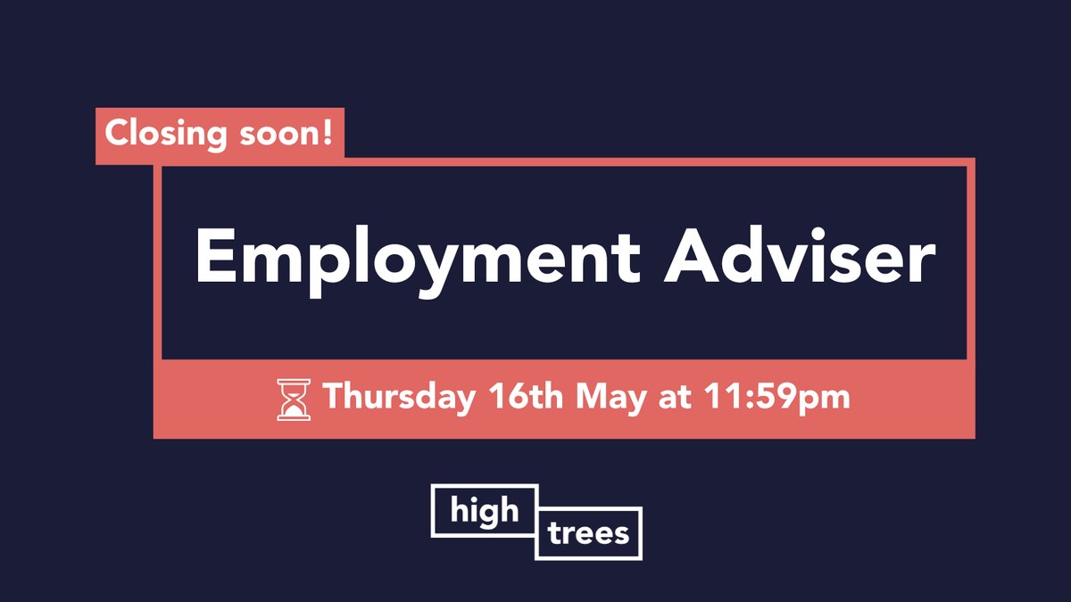 📢2 DAYS REMAINING to apply for our Employment Adviser role! 💫 This is the ideal role for anyone wanting to work in employment support services for a community-based organisation. ⏰Applications close: Thursday 16th May at 11.59pm Apply here ➡️ high-trees.org/job_vacancy/em… #Jobs