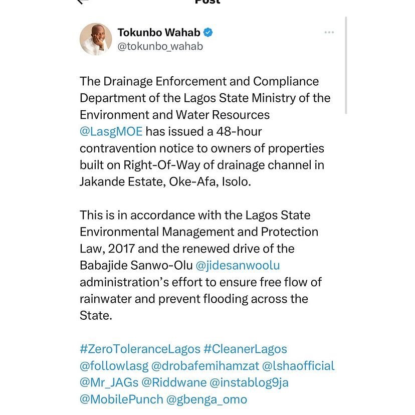 Lagos Commissioner for environment Tokunbo Wahab publishes 48-hour contravention notice to owners of properties built on Right-of-Way of drainage channel in Jakande Estate, Oke-Afa, Isolo.