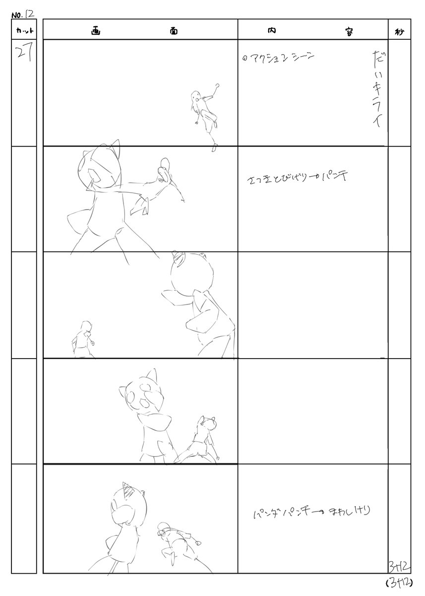 薄いコンテ(3/6)
この描き方のメリットはタイミングをコンテの段階で狙える事です。必要な間や音楽とのシンクロ、精密な尺感で設計できるところです。
デメリットは俯瞰しずらく全体としてどうしたいかを描いてる時にテーブルに広げて設計しずらい所です。