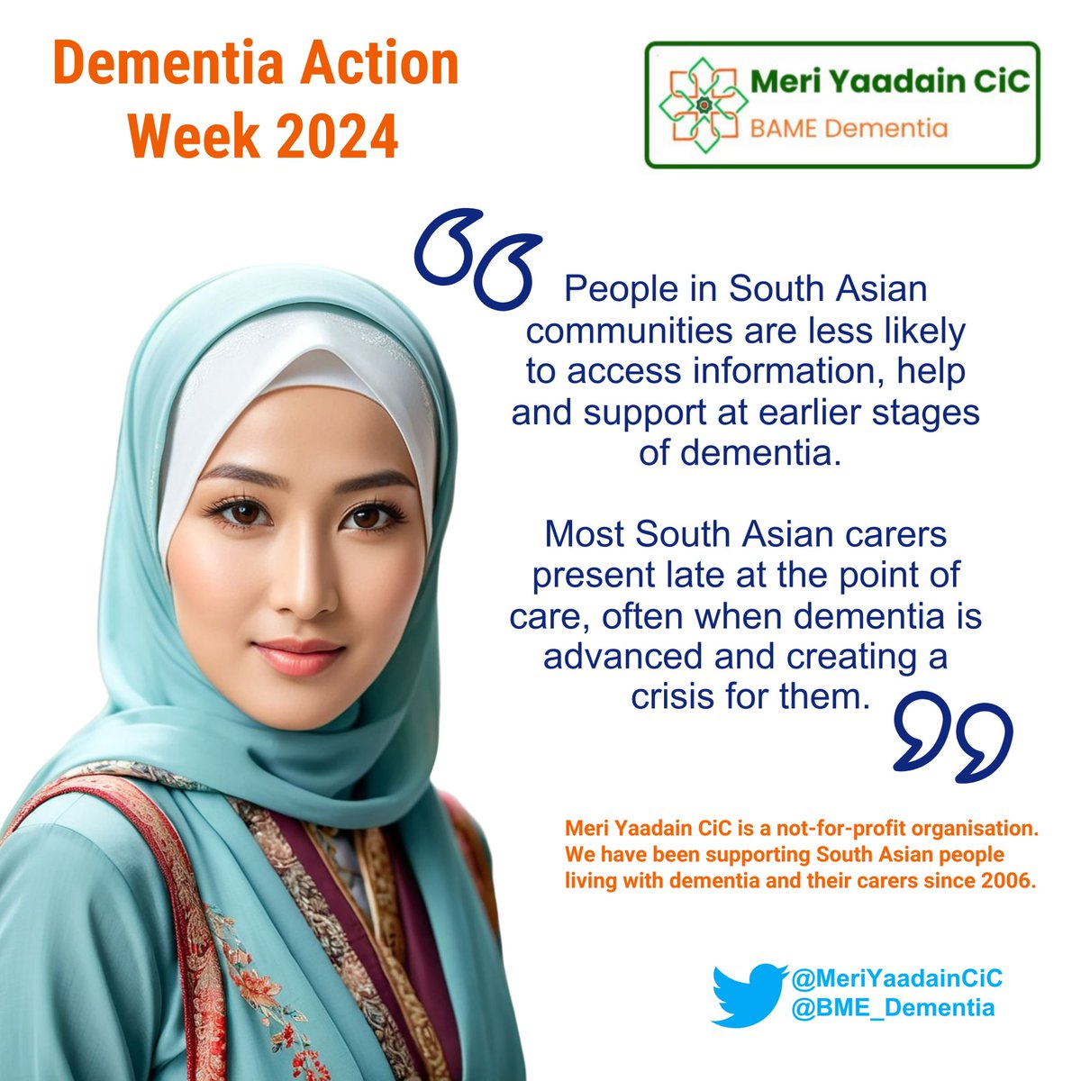 Day 2 of 7 Dementia Action Week #DementiaActionWeek #DementiaActionWeek2024 At Meri Yaadain we try to make a difference to folk from many languages, ethnic backgrounds, faiths, cultural and historical heritage Our academic and lived experiences create a balanced approach.