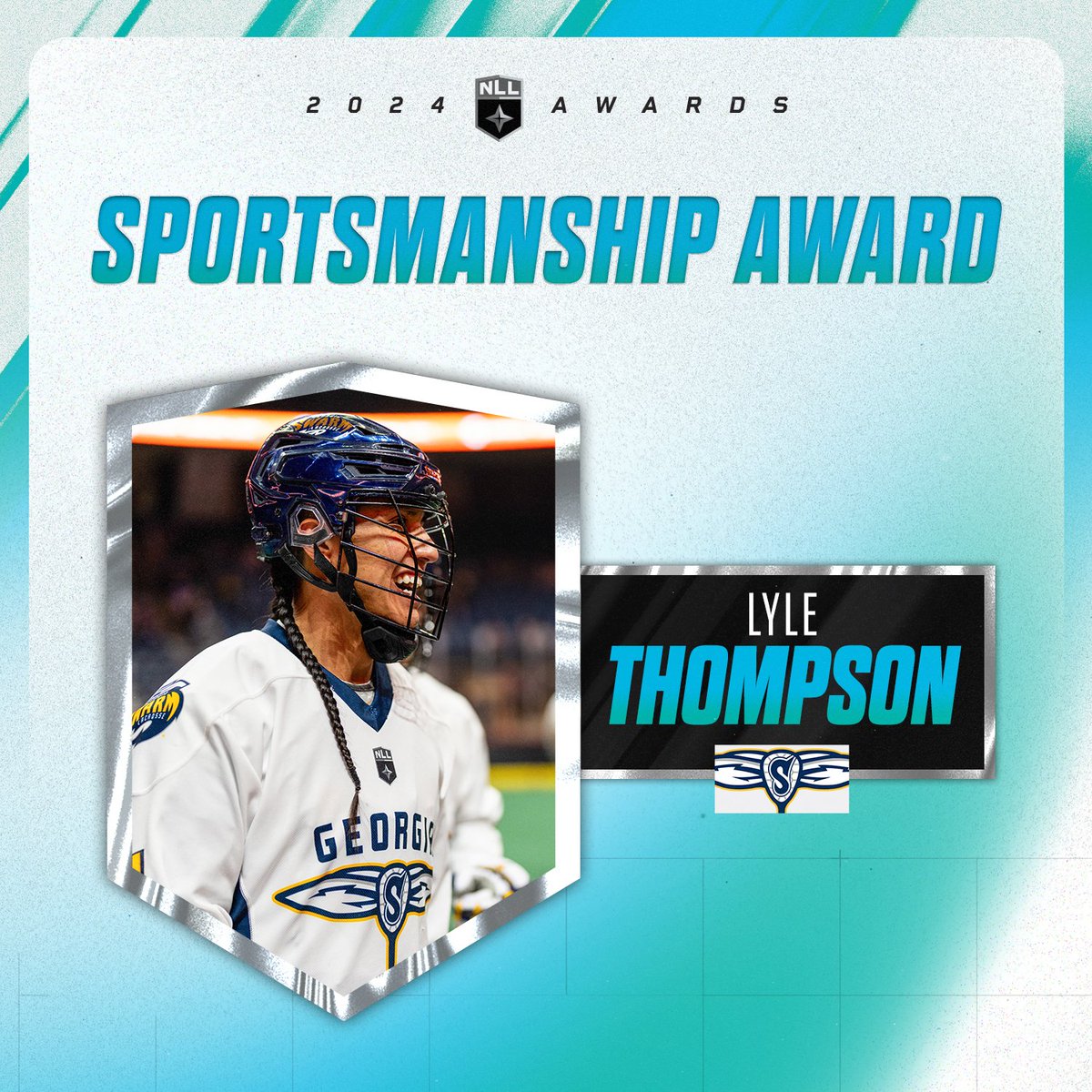 Congrats to Georgia Swarm forward @lyle4thompson! He is the 2024 NLL Sportsmanship Award winner -- his sixth consecutive honor in this category. Read More: bit.ly/3wqETjR