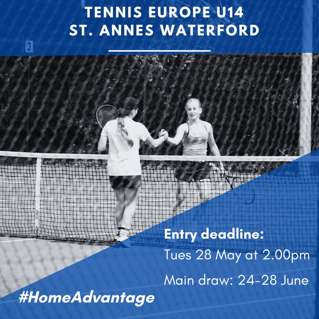 Entry is open for the Tennis Europe U14 Category 2 tournament in St. Anne's Waterford Tennis Club 🎾 This is a great opportunity for players to gain international match experience on home soil. Enter here by 28th May: te.tournamentsoftware.com/tournament/941… #HomeAdvantage