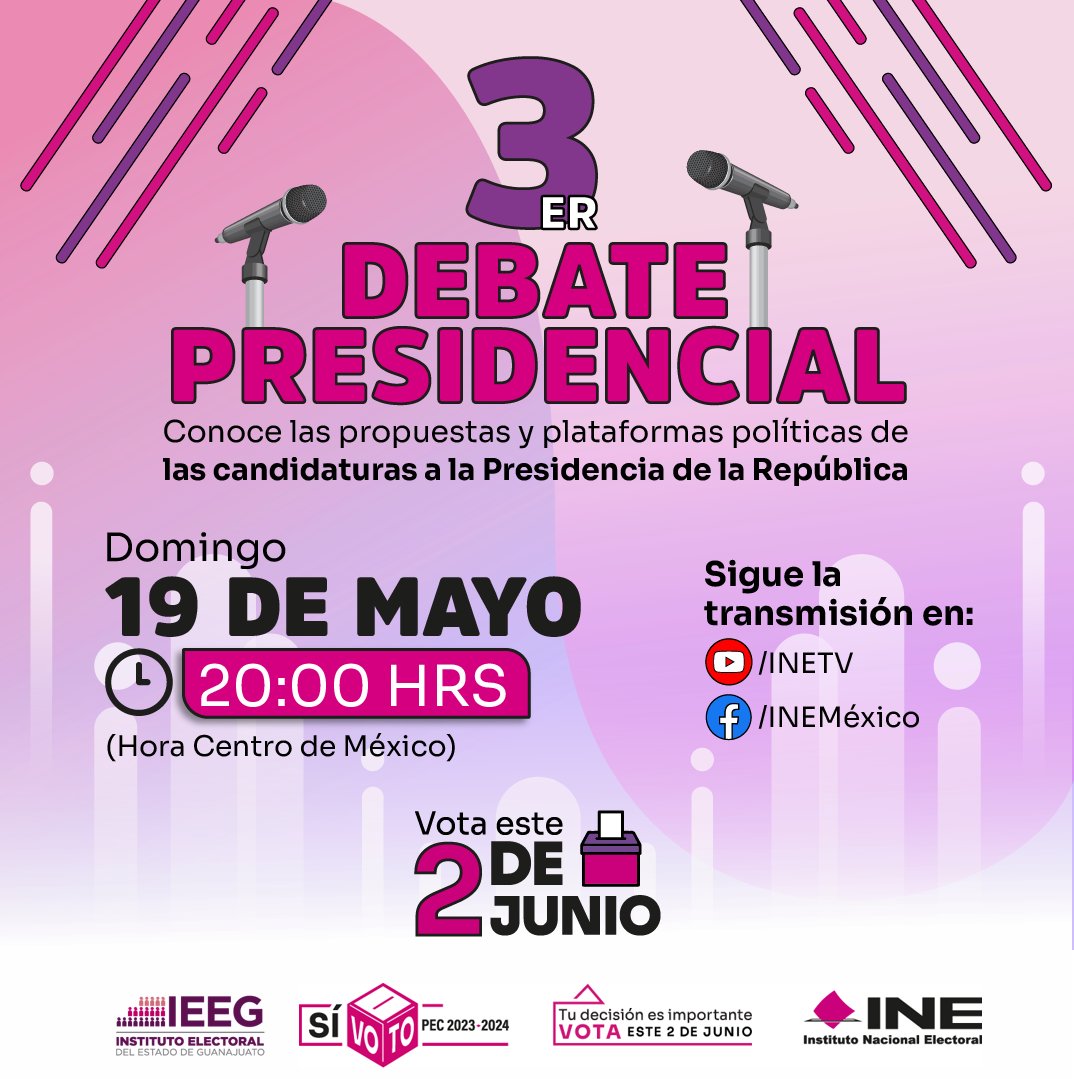 🎙️ ¡El último debate presidencial está a punto de comenzar! 💬Únete a la conversación y no te pierdas este evento histórico en el rumbo del país. 📺 #ÚneteTercerDebatePresidencial 🗳️ #ParticipaciónCiudadana2024