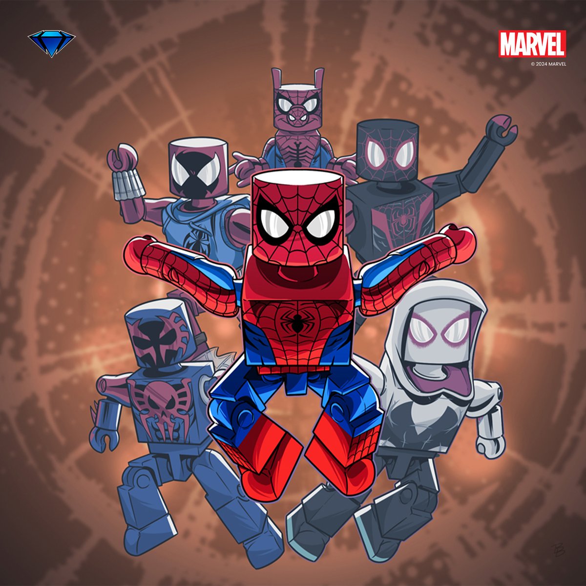 This deluxe minimates set gives you a web of infinite Spider-variants! Marvel's Spider-Man (Spider-Verse) Deluxe Minimates Box Set packaging art designed by Barry Bradfield. bit.ly/SpiderVerseMM #Marvel #SpiderMan #Minimates #CollectDST #DiamondSelectToys