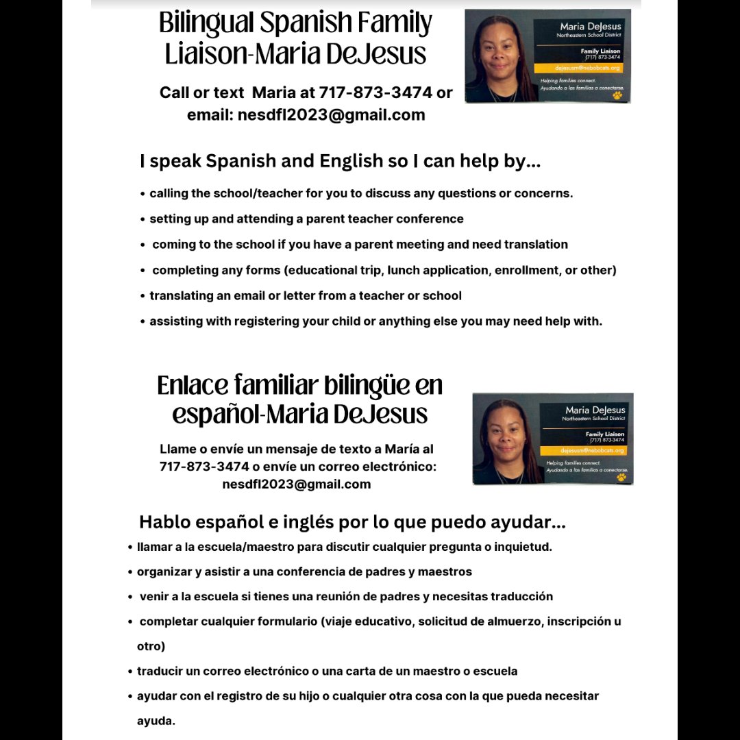 NESD's tweet photo. Did you know that NESD has a bilingual Spanish family liaison?  Mrs. DeJesus supports communication and engagement between our school and Spanish-speaking families. Please reach out to her at 717-873-3474 (call or text) or email at nesdfl2023@gmail.com. https://t.co/h0eoMmb6fB