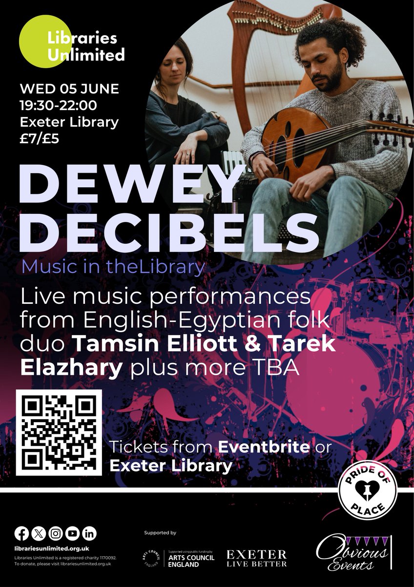 Dewey Decibels is back!🎵 A night of eclectic acts at Exeter Library, co-produced by Obvious Events. Our June edition features the award winning English-Egyptian folk duo of Tamsin Elliott & Tarek Elazhary. Plus other fantastic local acts 📅Wed 5 June 🎟️shorturl.at/lEZ47