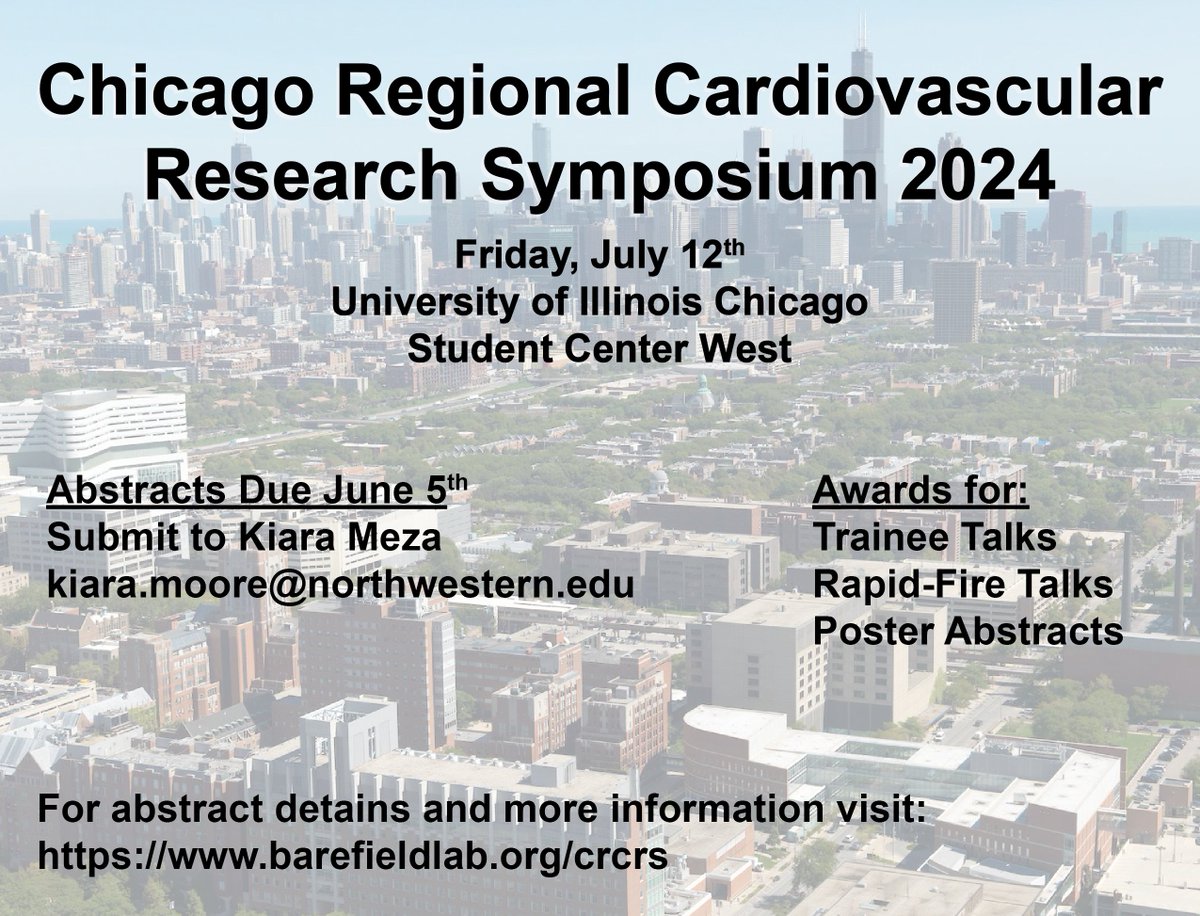 Attention Chicagoland cardiovascular basic science researchers! Join us for the 3rd annual CRCRS on July 12th, hosted by the Center for Cardiovascular Research at UIC. See below for abstract submission details. For more info, visit barefieldlab.org/crcrs