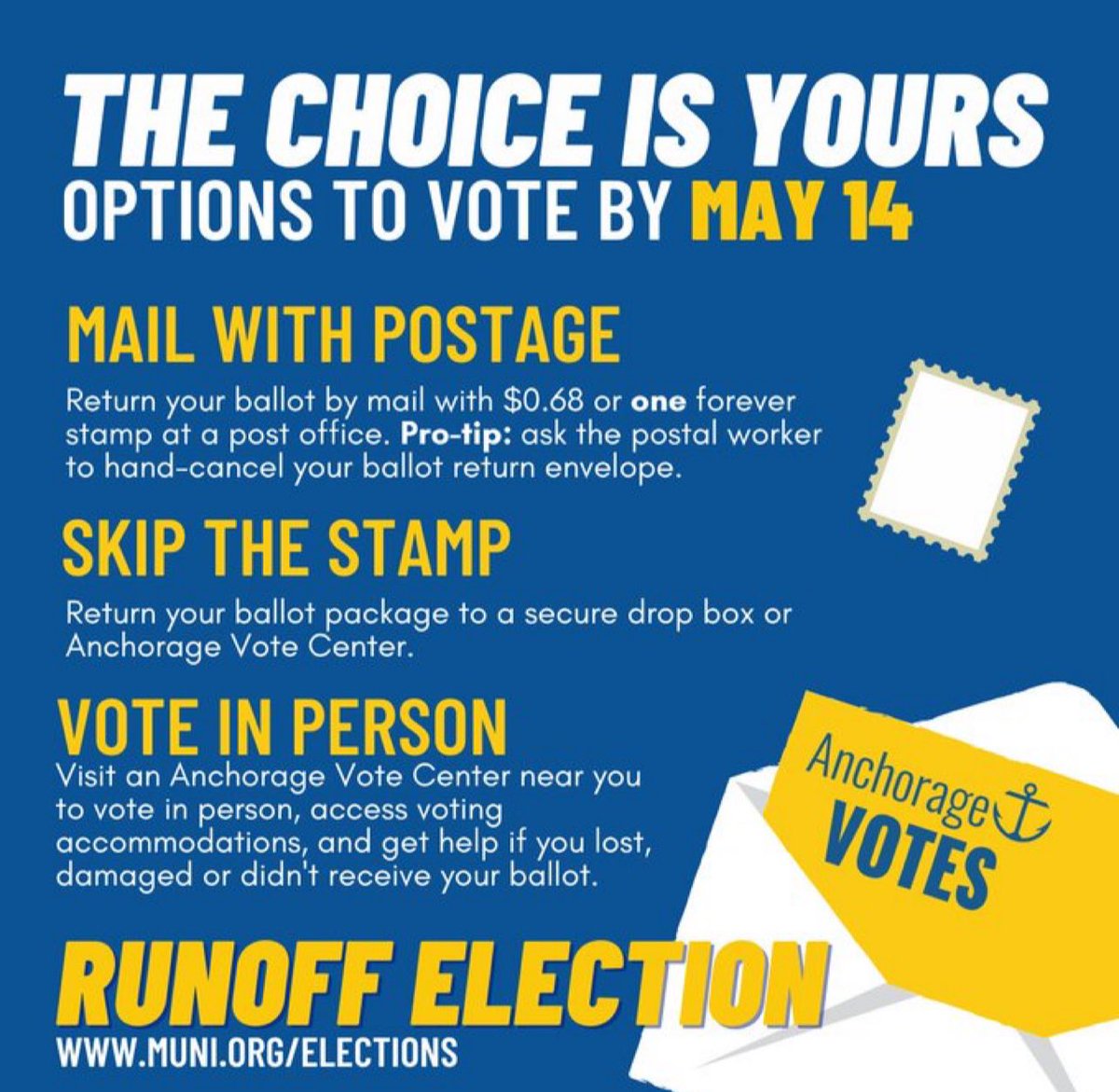 #Anchorage vote ✨TODAY✨ 

It’s time to restore competence and common sense to our city—let’s do this folks! 💙💛 ⚓️ 

Lots of options on how to vote below👇
#ancgov #ancelect #akleg #akelect