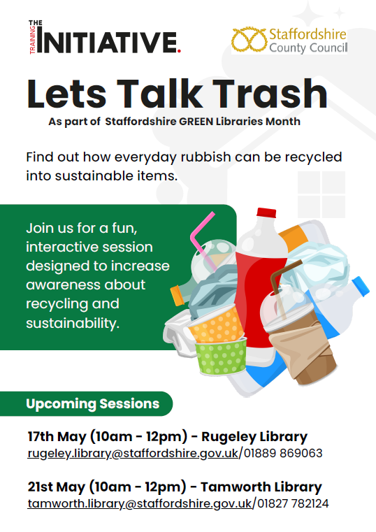 Great to be collaborating with The Training Initiative Group and Staffordshire Libraries for #GreenLibrariesMonth - more events coming up at:
Rugeley Library, 17th May 10.00-12.00 and
Tamworth Library 21st May 10.00-12.00
Looking forward to seeing there! 
bit.ly/3UEbVVD