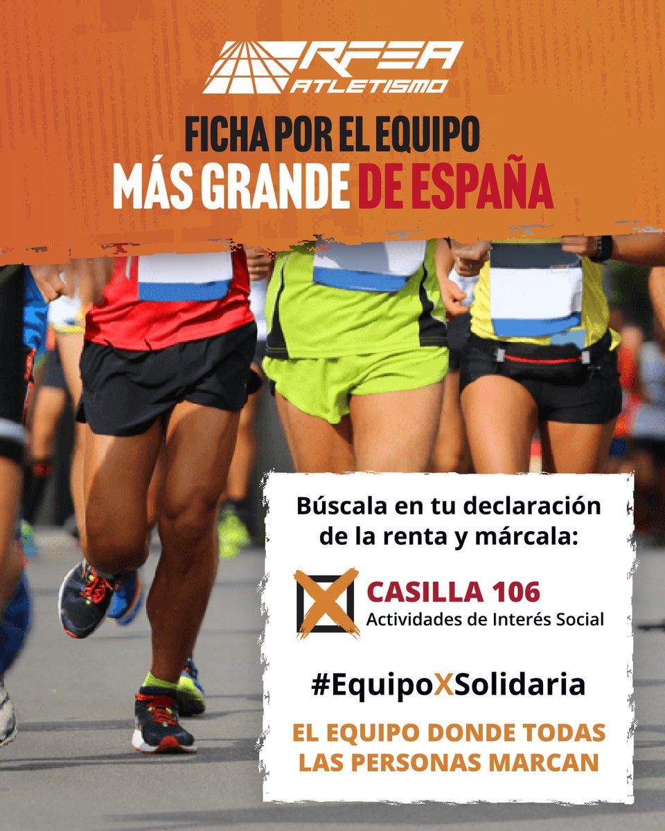 ‼️Este año la RFEA ficha por el #EquipoXSolidaria 👉🏼 Tú también puedes unirte el equipo más grande de España. ¿Cómo? Marcando la casilla de #FinesSociales en tu renta No te cuesta nada (ni pagas + ni te devuelven -) y ayudas a millones de personas que lo necesitan ¡Súmate a la