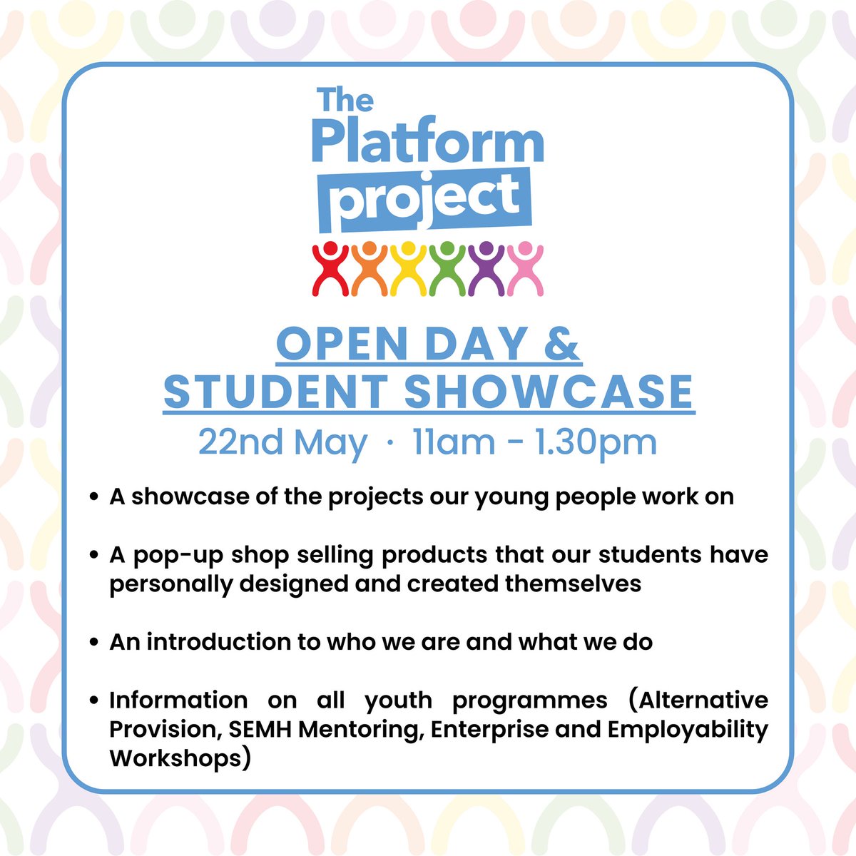 Our students have started putting together their stalls ready for our Open Day and Student Showcase next Wednesday!! We hope to see you there! 😃 

Date: Wednesday 22nd May 2024 
Time: Drop in between 11am - 1.30pm 
Venue: The Platform Project, Unit 2 Lancaster House, SN3 3RT