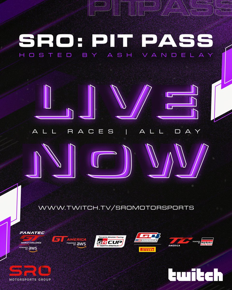 All races, all day, live NOW! Come hang out, ask questions and chat with your motorsport friends. 🟣 twitch.tv/sromotorsports #GTAmerica #GTCOTA