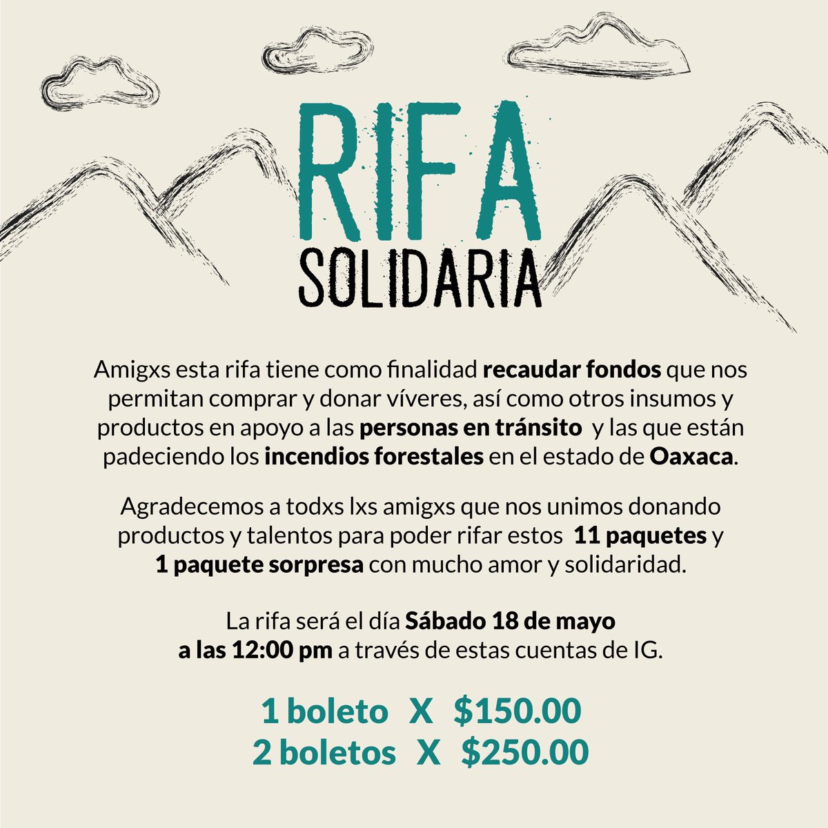 nolamk_'s tweet photo. Amigxs, les invitamos a participar en esta súper rifa, para apoyar a las personas en tránsito y a las que están padeciendo los incendios forestales.

Si su economía no les permite adquirir un boleto nos ayudaría mucho compartiendo. Cualquier duda nos pueden escribir. https://t.co/1vFhy7THJP