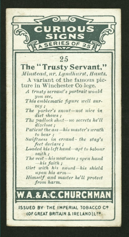 The trusty servant.
Curious signs : A series of 25 (Churchman's Cigarettes)
#Signs #Vintage #CigaretteCards 
observationdeck2.blogspot.com/2024/05/the-tr…