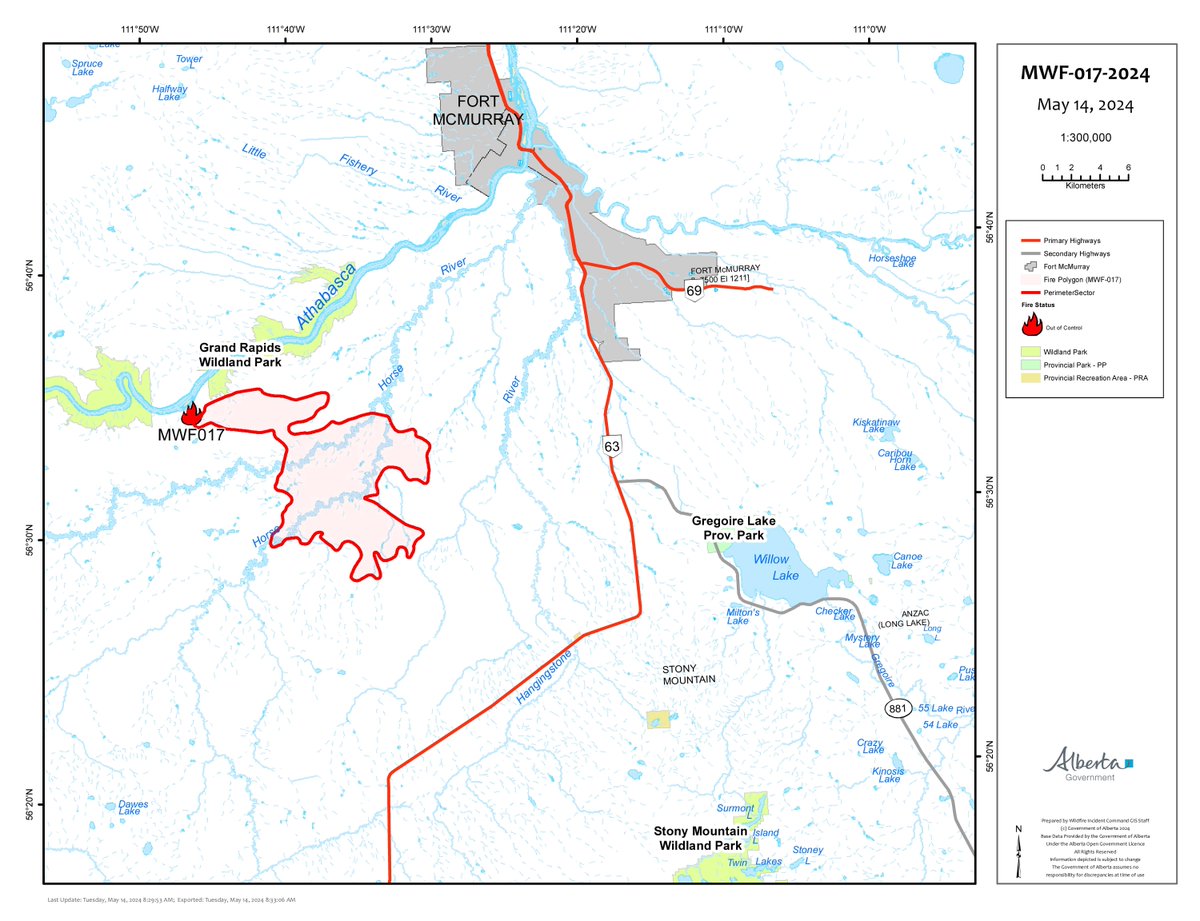 Wildfire MWF017 has continued to experience growth, especially in the northeast. Firefighters will continue to work on establishing containment lines around this fire today. For more information on this fire: srd.web.alberta.ca/fort-mcmurray-…