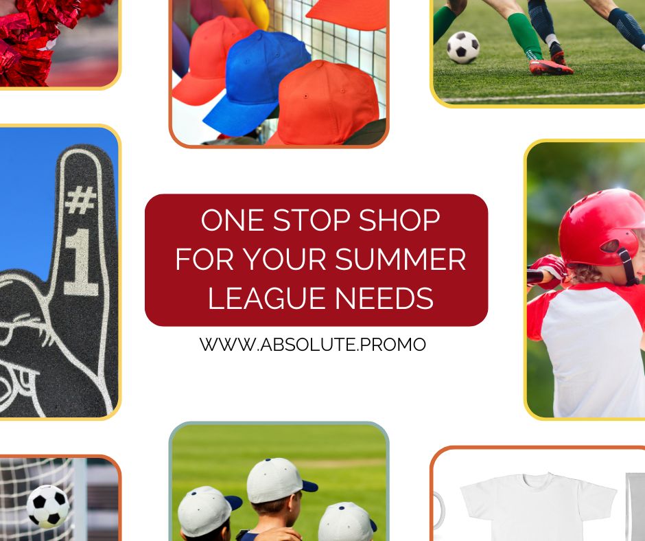 Gear up for #SummerLeagues with #AbsolutePromotional! It's time to order all your #teamapparel + #promoitems! We've got everything you need, from #teamshirts + hats to #waterbottles + #foamfingers for your biggest fans. Get your team ready - contact us to get started!
