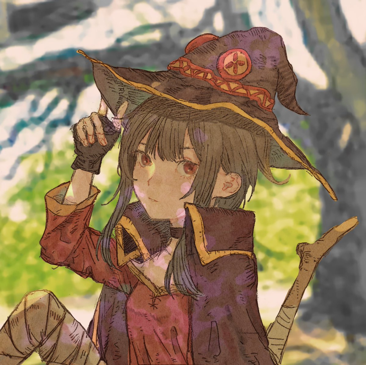 megumin 1girl solo looking at viewer short hair brown hair black hair gloves  illustration images