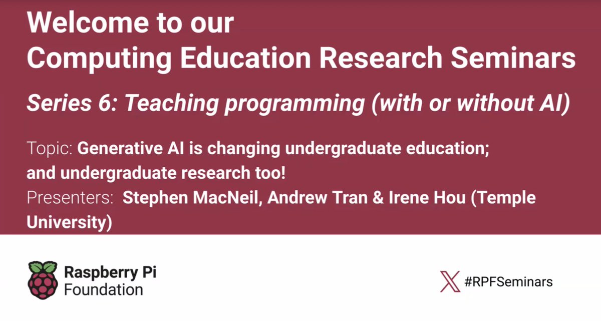 Excited to hear about the use of generative AI in undergraduate education and research at #RPFSeminars today. I am intrigued by how this is changing our field, and how we can leverage the benefits whilst also being aware of the challenges.