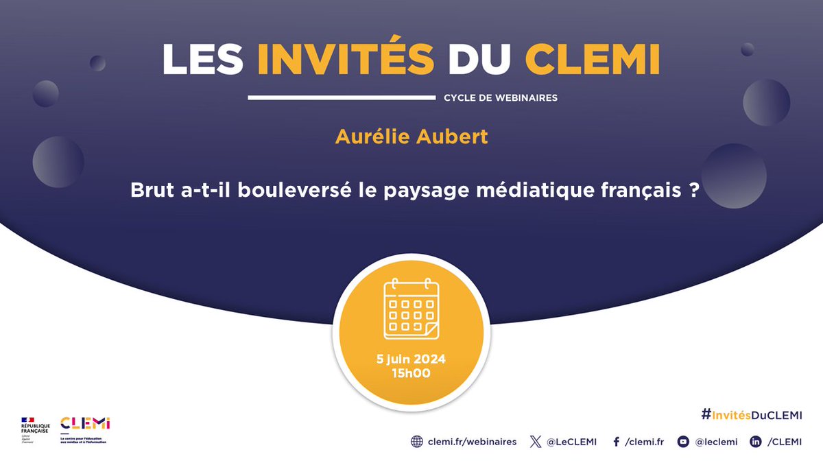 📢Inscrivez-vous au prochain #InvitésduCLEMI !

Ce mois-ci, le CLEMI reçoit Aurélie Aubert, professeure en Sciences de l'information et de la communication, pour parler de la place du média Brut dans le paysage médiatique français. 

🗓️Le 5 juin à 15h : clemi.fr/formations/not…