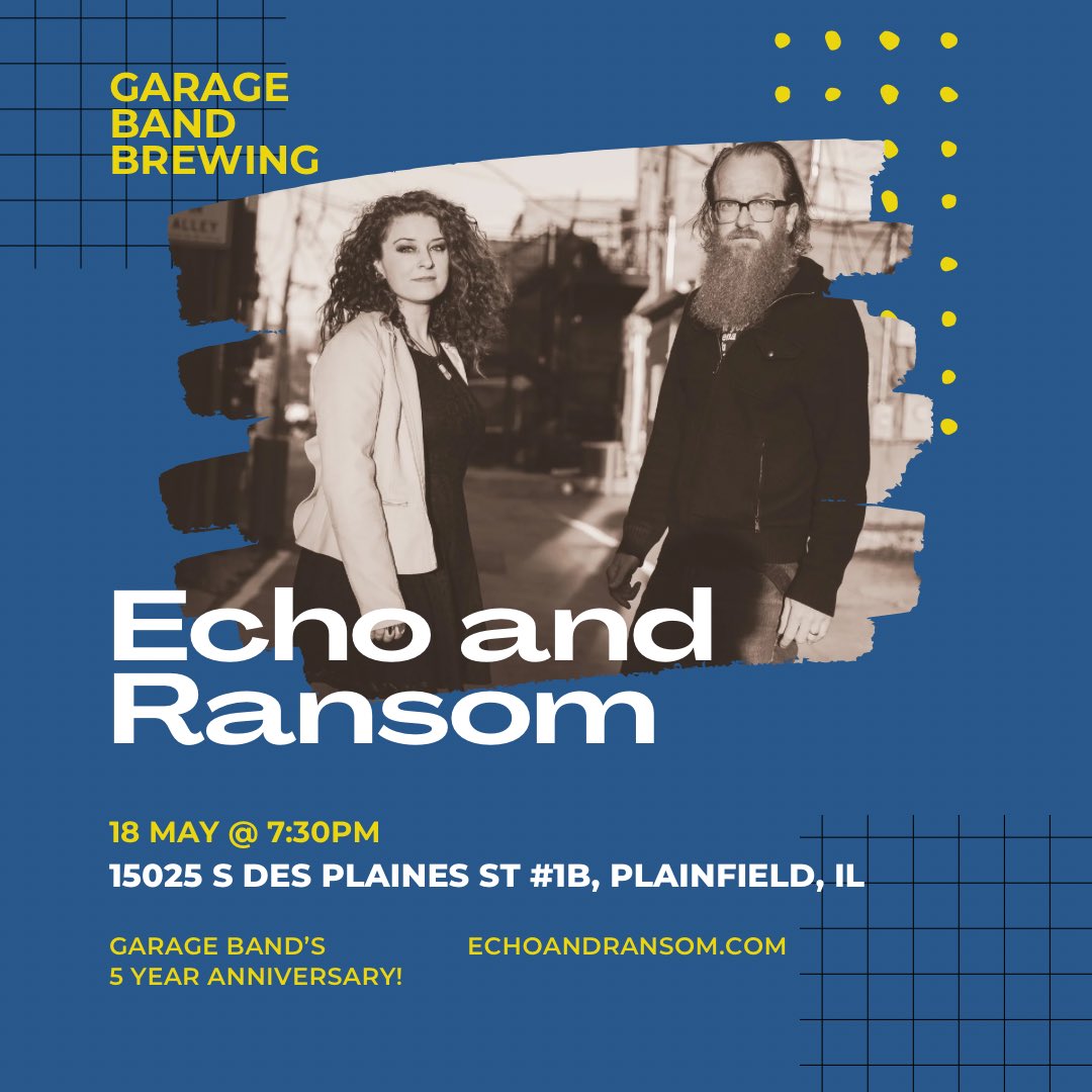 Coming your way, Plainfield!

<a href="/echoandransom/">Echo and Ransom 🦁🦁</a> is back at <a href="/GarageBandBrew/">Garage Band Brewing</a> this Saturday night!