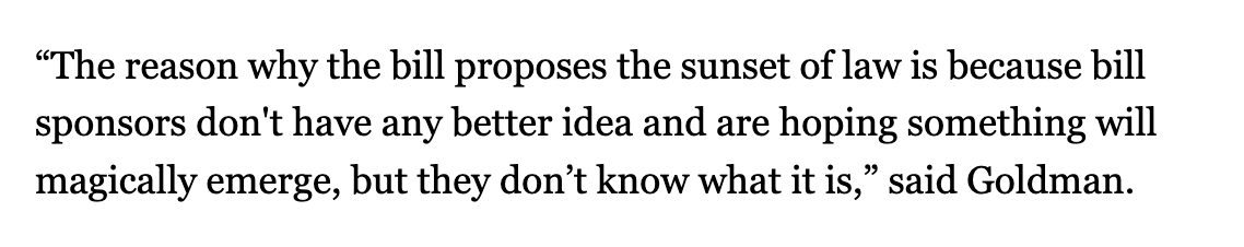 .@ericgoldman is right about the new 'sunset 230' bill. The only thing that Pallone and Rodgers agree on is that they dislike 230. But the moment you ask them how they would change it, their agreement will fall apart. That's why they didn't propose a change.