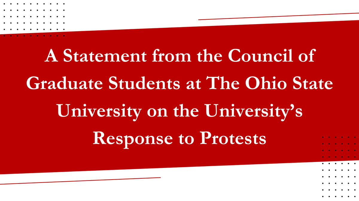 cgsosu's tweet photo. Having followed our bylaws and internal processes, we have written and passed (with near unanimous support) a statement on OSU's response to recent pro-Palestinian protests on campus.

See the full statement on our website: https://t.co/bfbOJ9tAmr

Please share widely. https://t.co/5pno1N9My7