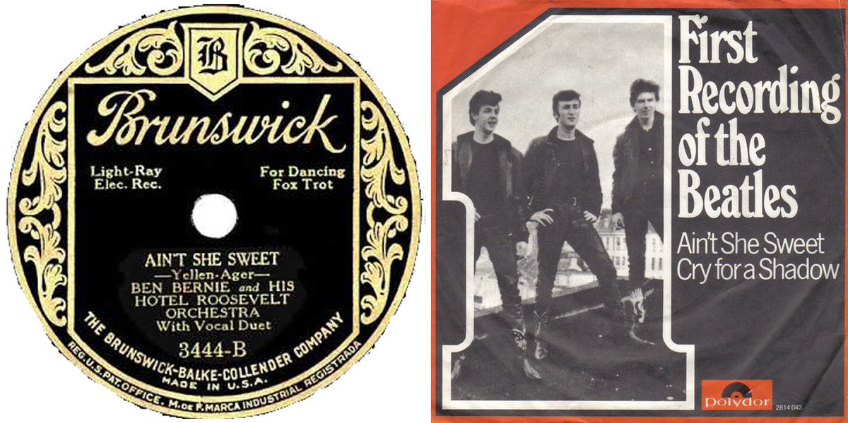 May14,1927 #BenBernie & his Hotel Roosevelt Orchestra with vocals by Scrappy Lambert and Billy Hillpot are at #1 on the pop singles chart with 'Ain't She Sweet' written by Milton Ager with lyrics by Jack Yellen. Jun22,1961 The Beatles record the song with John Lennon lead vocals