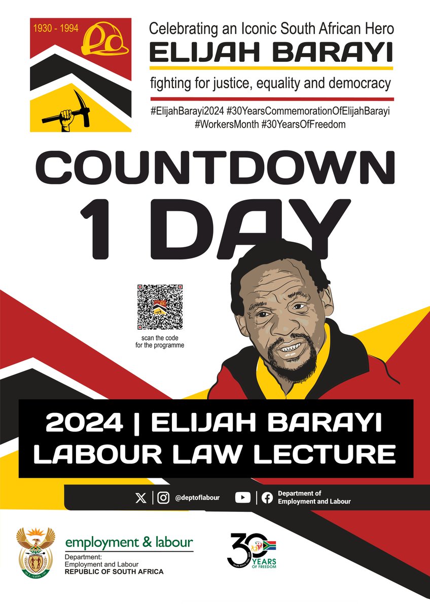 One day to go to the inaugural Elijah Barayi Labour Law Lecture, which celebrates the life of Elijah Barayi, a pivotal figure in South Africa’s labour movement and the struggle against apartheid. #30YearsCommemorationOfElijahBarayi #WorkersMonth #30YearsOfFreedom