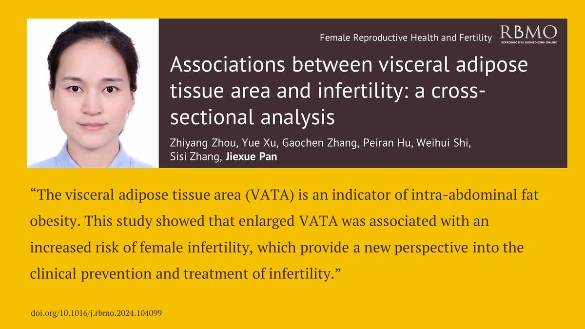 This new study into intra-abdominal fat obesity and female reproductive health indicates that enlarged visceral adipose tissue area was associated with an increased risk of infertility. doi.org/10.1016/j.rbmo…
