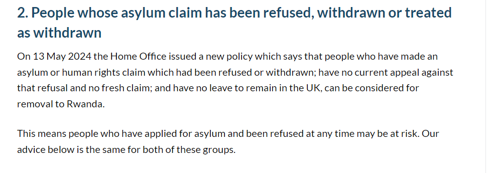 We have updated our legal advice on removals to Rwanda today after a new Home Office policy was published, which says people whose asylum claims have been refused or withdrawn may be at risk. gmiau.org/removals-to-rw…