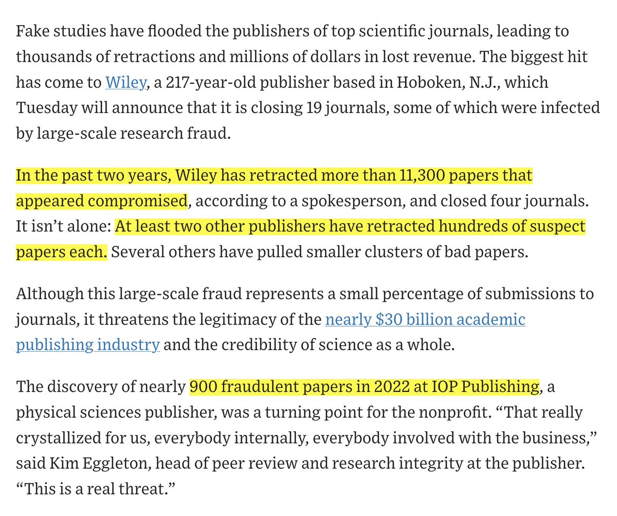 The @WSJ reports on science publisher @WileyGlobal shuttering 19 journals for rampant fraud. In the past 2 years, they've been forced to retract over 11,300 papers. The incentive structure of science journals and academia is not aligned with truth-seeking.