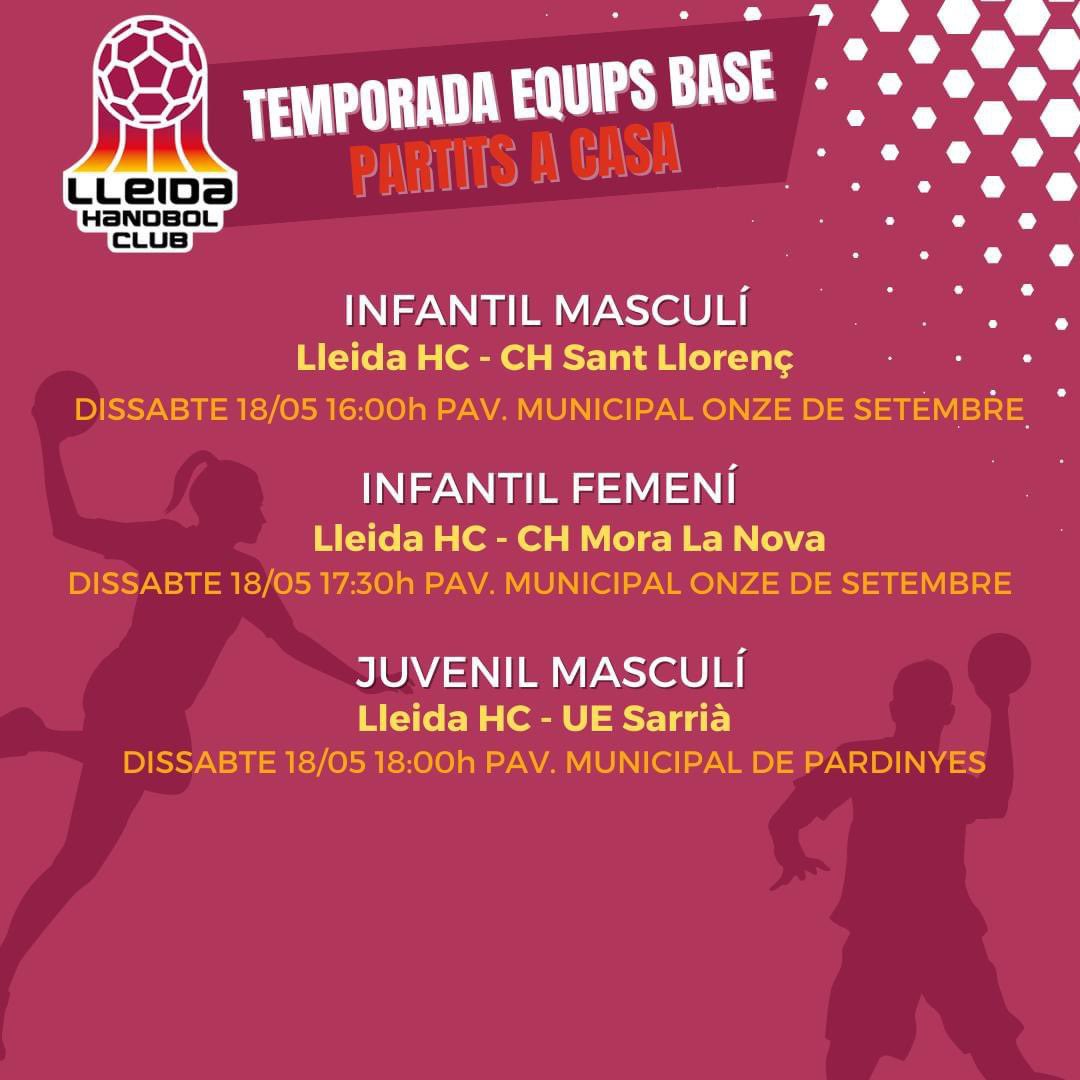 LleidaHC's tweet image. 🗓 Horaris del partits dels equips base per aquest proper dissabte:
🤾‍♂️L'infantil masculí Bordeus juga davant el CH Sant Llorenç.
🤾‍♀️L'equip infantil masculí juga la Copa davant el CH Mora La Nova.
🤾‍♂️ I el juvenil masculí juga davant el UE Sarrià
#LleidaHC #EquipsBase