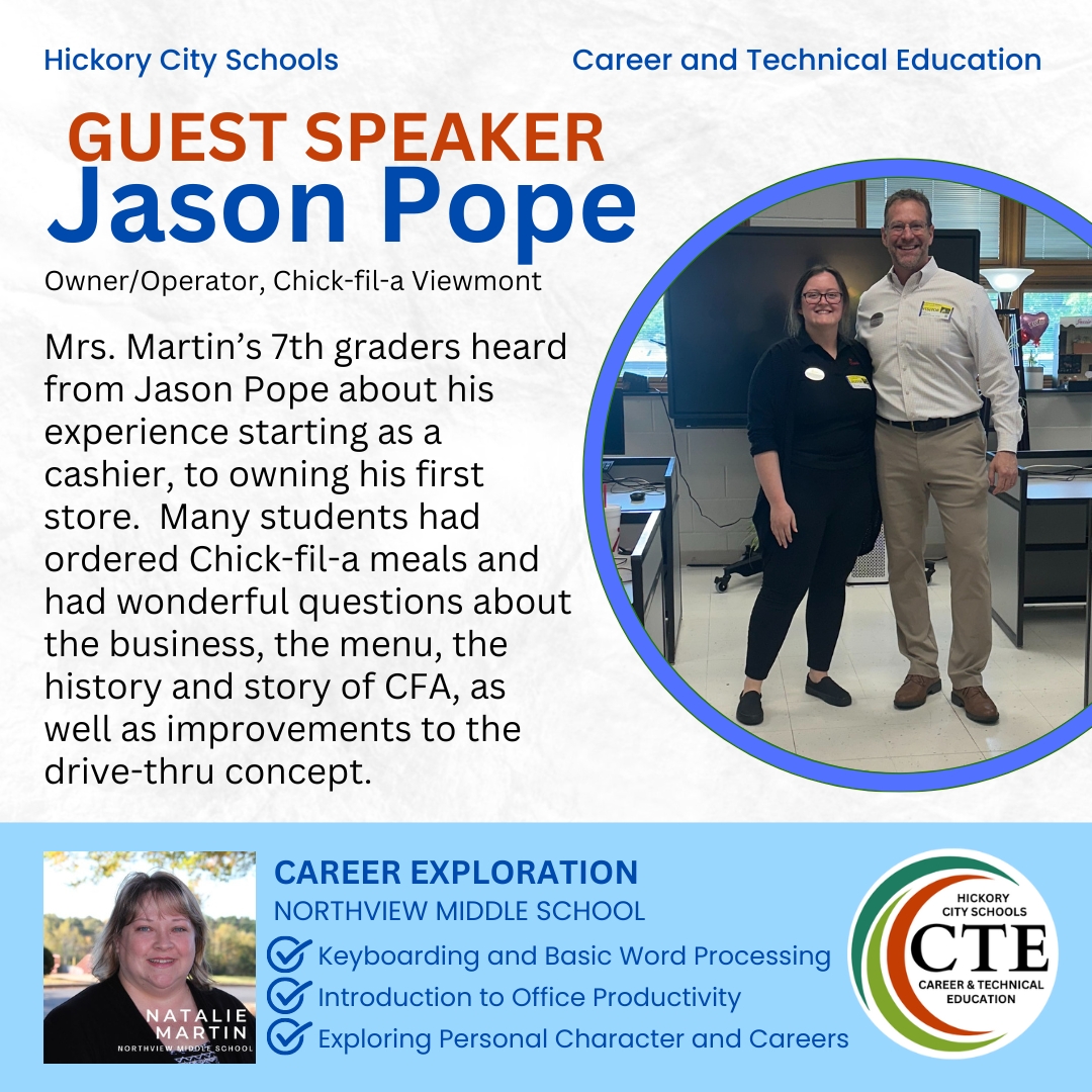 Guest speakers help students make the connection between school and the workplace. They connect with students on a personal level, inspire them to overcome challenges, and provide them with real-world insights. 
#ctefornc #hickoryschools <a href="/ChickfilA/">Chick-fil-A, Inc.</a> @chickfilaviewmont