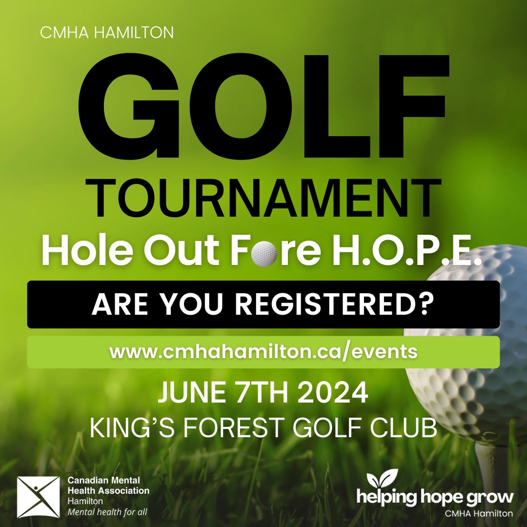 Limited time left to join the Hole Out Fore H.O.P.E. Golf Tournament at King's Forest on June 7th. Participants have a chance at winning $10,000 and meeting HGTV alumni @brolawsrus. Join us by registering here: cmhahamilton.ca/events. All proceeds support CMHA Hamilton