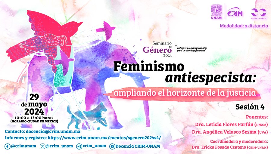 💜Feminismo antiespecista: ampliando el horizonte de la #justicia🦩 🟣Abordaremos cómo el #género configura las relaciones que los #sereshumanos establecemos con otras #especies 💬Leticia Flores F. #UNAM y Angélica Velasco S. @CSsocialesUva 💻youtu.be/ZHvAuHKozt0