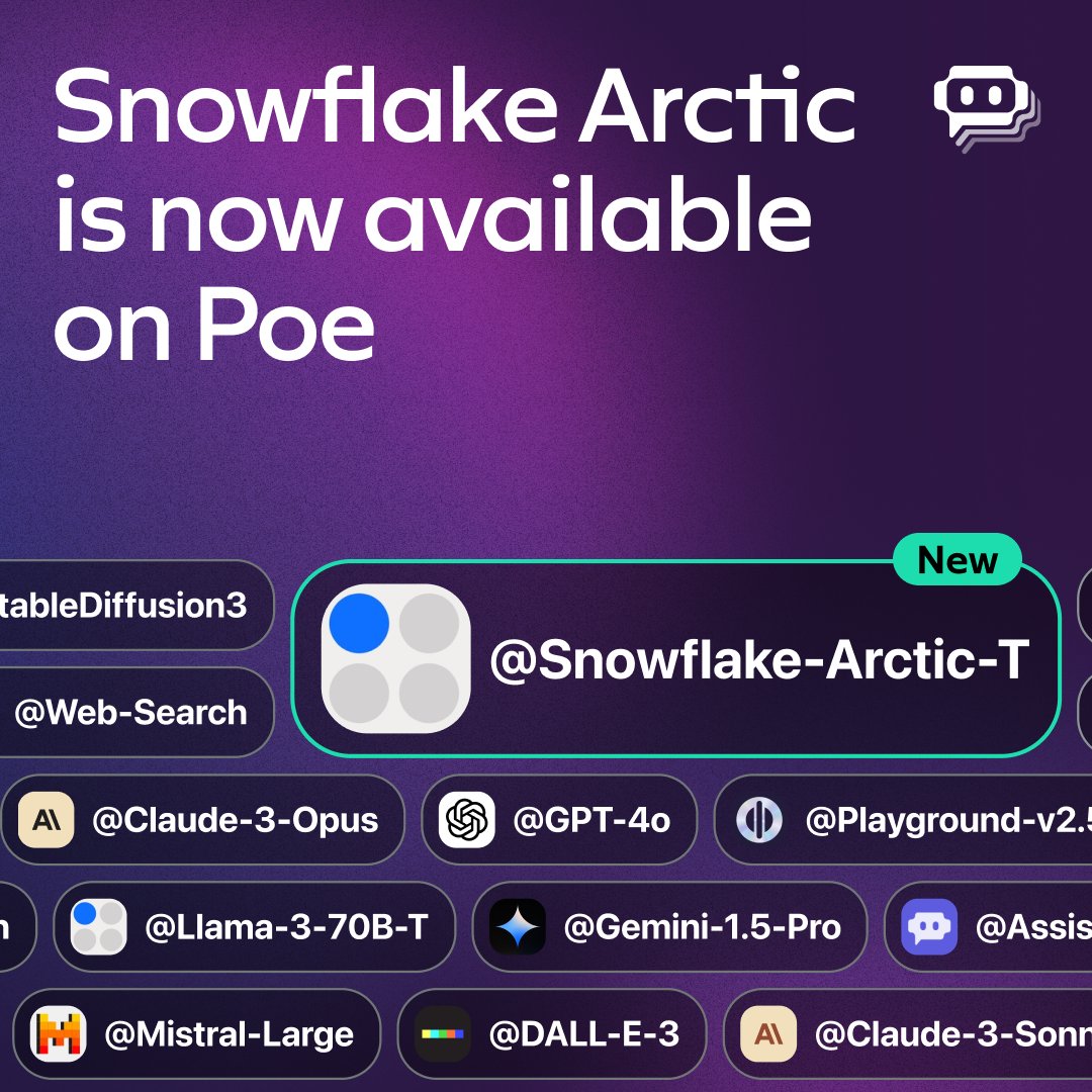 Now available on Poe: Snowflake Arctic! This top-tier open-source model is designed for enterprise tasks, including generating SQL, writing code, and instruction following. It is hosted by @togethercompute. (1/2)