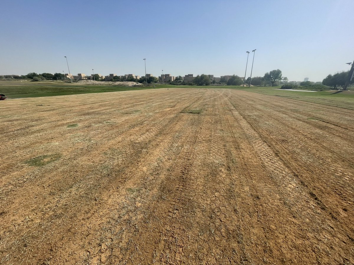 On top of aeration week we had @DesertGroup in with their turf stripper removing the top of the range tee at Arabian ranches to get surface levels back and remove years of organic matter @troonint @Troon #greenkeeping #renovation #drivingrange