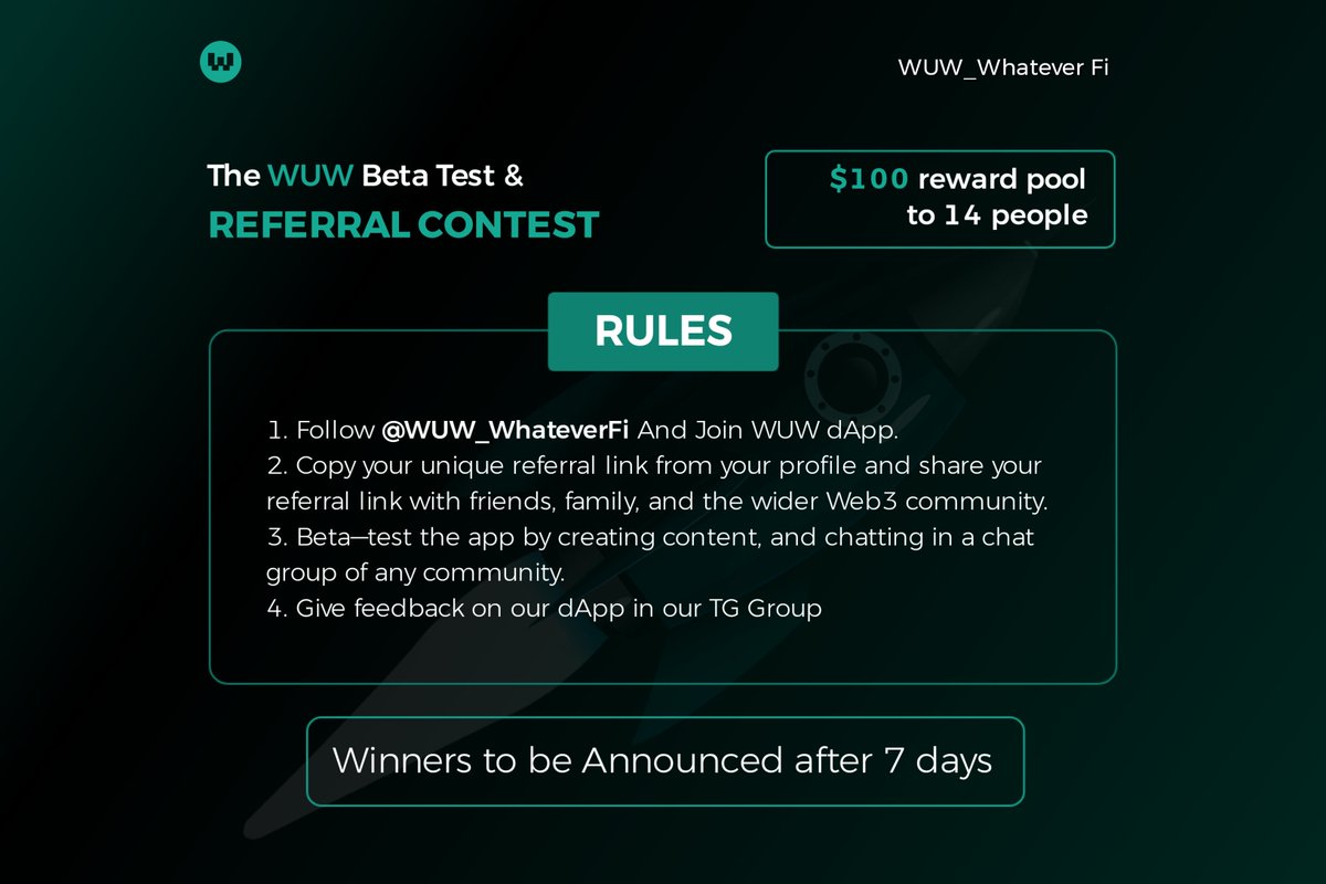 WUW_Whatever Fi  The WUW Beta Test & Referral Contest  $100 reward pool to 14 people   

Rules: 
• Follow @WUW_WhateverFi And Join WUW dApp. 
 
• Beta—test the app by creating content, and chatting in a chat group of any community, do quest.

• Copy your unique referral link