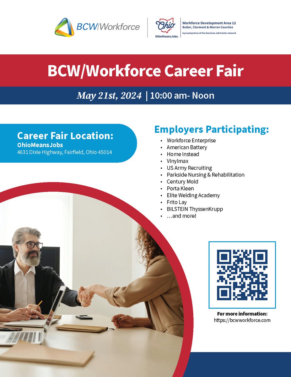 BCW/Workforce Career Fair is May 21st! When: May 21st, 2024 10:00 am-Noon Where: OhioMeansJobs 4631 Dixie Highway, Fairfield, Ohio 45014 More information: loom.ly/1WKA5XM #OhioMeansJobs #CareerFair #CareerOpportunities #CareerGrowth