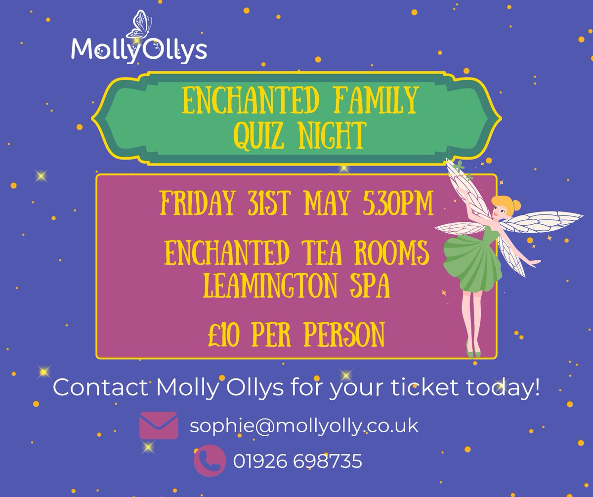 Join the Enchanted Family Quiz on 31st May for a Disney-themed quiz, snacks, cocktails, and a meet and greet with characters from your child’s favourite films, all for just £10 per person! Book now at 01926 698735 or email sophie@mollyolly.co.uk!